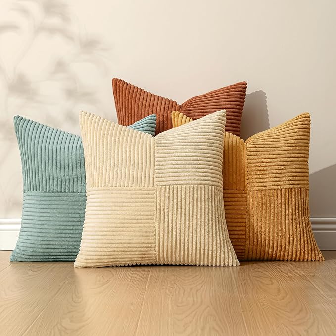 MIULEE Fall Boho Farmhouse Decorative Throw Pillow Covers 20x20 Inch 4 Packs Soft Vintage Pillow Cases Modern Corduroy Patchwork Cushion Covers for Couch Sofa Bed Home Decor, Teal-Rust