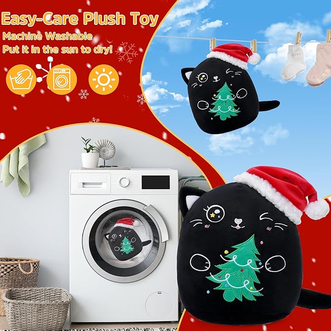 Christmas Cat Stuffed Animal: 8-Inch Cute Black Cat Plush Toy with Santa Hat and Christmas Tree Soft Christmas Plushies Pillow, Holiday Birthday Decoration Gifts for Kids Girls & Boys