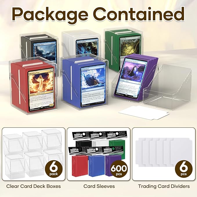 YSCare 6 Pack Card Deck Boxes, Clear Commander Deck Case with 600Pcs Card Sleeves and Dividers, Standard Size Cards Storage Box Perfect Fit for MTG, Sport, Trading Cards (6 colors)