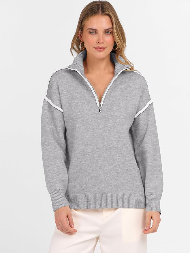 ANRABESS Womens Quarter Zip Sweaters Fall Long Sleeve V Neck Shirts Collared Business Casual Tops Knit Pullover Sweatshirts