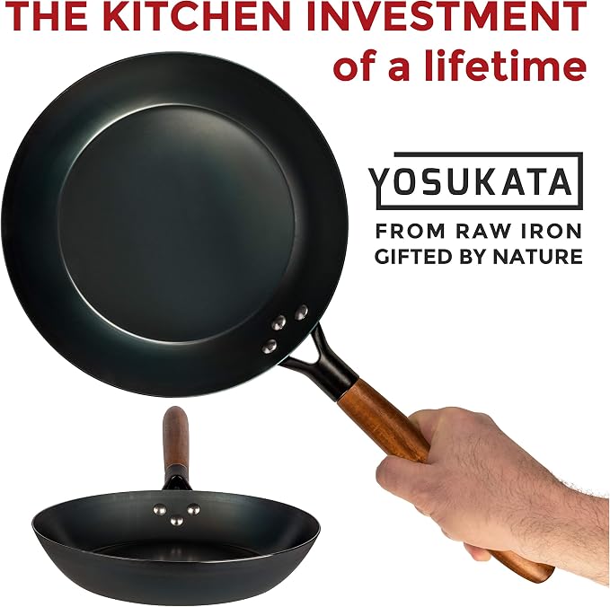 YOSUKATA 7.9" Carbon Steel Frying Pan – Non-Toxic Pre-Seasoned Skillet with Removable Wooden Handle – Coating-Free Wok-Style Pan for Gas, Induction, Electric, Oven & Grill BBQ