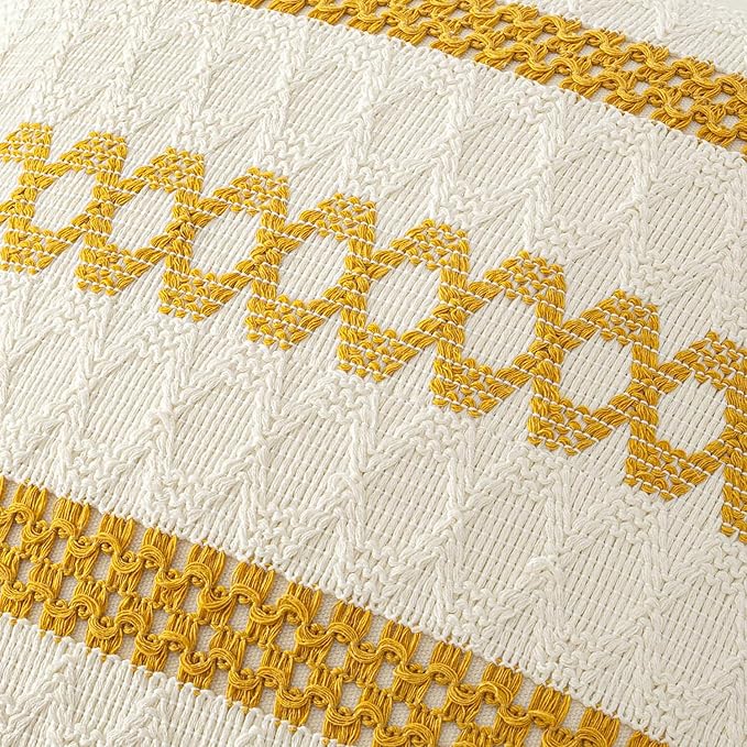 MIULEE Set of 2 Mustard Yellow Decorative Lumbar Pillow Covers 12x20 Inch | Fall, Boho Farmhouse Modern Couch Throw Pillows, Cotton Cushion Covers, Macrame Woven Home Decor for Bed Sofa Chair