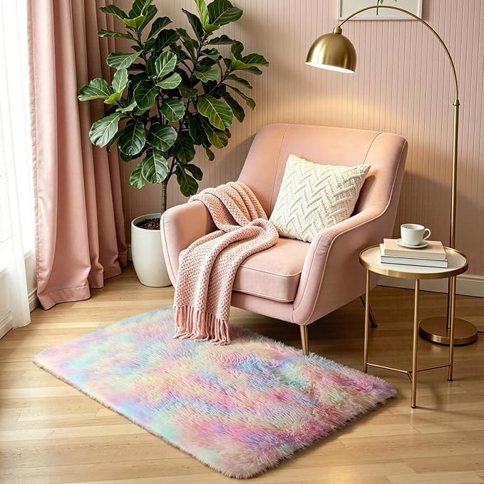 KICHOWUA Rainbow Unicorn Fluffy Fuzzy Rug 2x3, 2 Pcs Washable Non Slip Shag | Soft shaggy area rug for girls bedroom, princess kids room, living room, nursery, dorm, and classroom