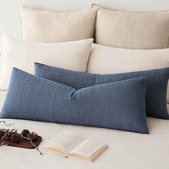 Foindtower Set of 2 Decorative Linen Check Throw Pillow Covers Neutral Long Body Lumbar Cushion Covers Farmhouse Vintage Home Decor for Sofa Chair Couch Bedroom Living Room,14×36 Inch,Blue