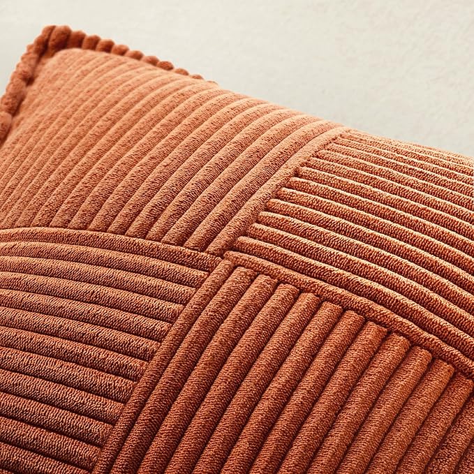 MIULEE Fall Rust Decorative Throw Pillow Covers for Couch 18x18 Inch | 2 Pack, Terracotta Boho Broadside Striped Patchwork Pillow Covers, Soft Corduroy Cushion Cases, For Sofa Bed Livingroom