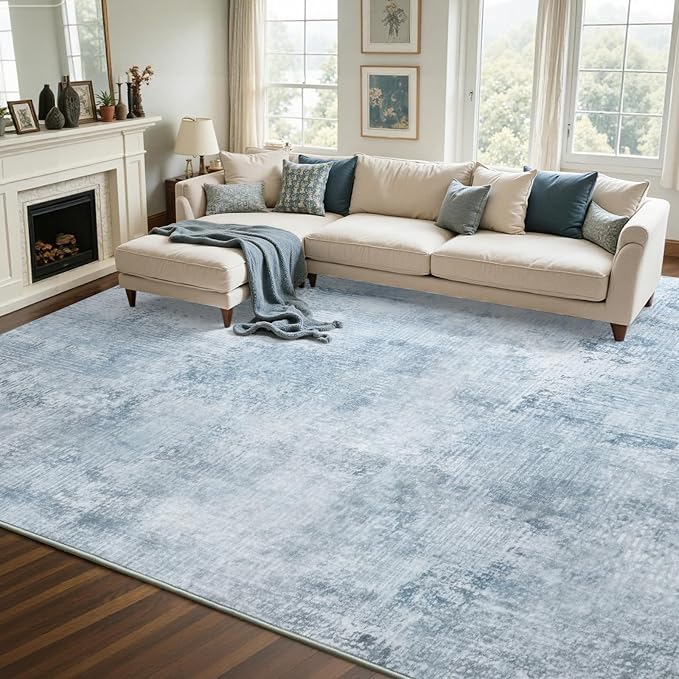 9x12 Ft Extra Large Washable Area Rugs for Living Room, Soft Non-Slip Modern Abstract Pattern Carpet for Bedroom Indoor Floor Nursery Home Decor (Blue)