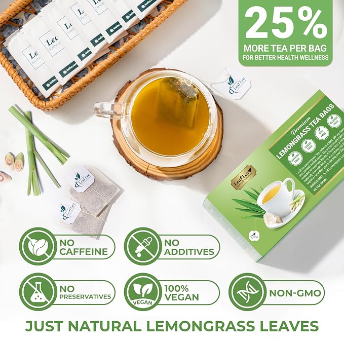 LeafLea Premium Lemongrass Herbal Tea Bags, Digestion Support, 80 Count | Natural Lemongrass Leaves, Te De Limoncillo, Light & Soothing Taste, Caffeine-Free, Sugar-Free, Vegan, Individually Wrapped