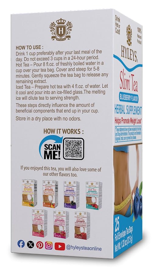 Hyleys Slim Tea Blueberry Flavor - Weight Loss Herbal Supplement Cleanse and Detox - 25 Tea Bags (1 Pack)