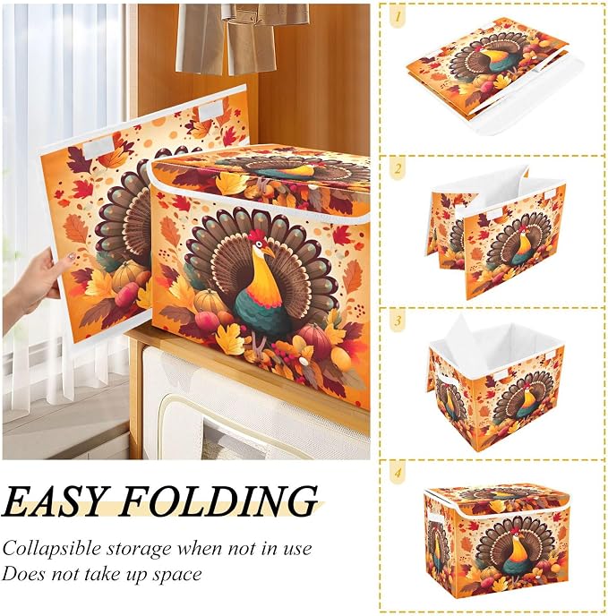 Thanksgiving Turkey Storage Bins with Lids and Carrying Handle,Foldable Storage Boxes Organizer Containers Baskets Cube with Cover for Home Bedroom Closet Office