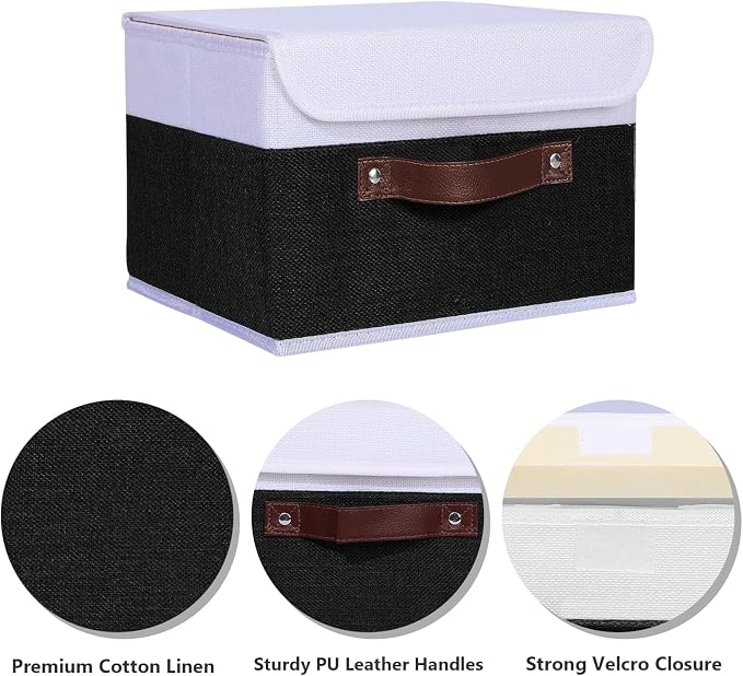 ANMINY Fabric Storage Box Bins with Lids, Black White, 13"x9"x7.9" | Keepsake Memory Storage, Cotton Linen, PP Board Reinforced, Washable, PU Handles, Foldable & Stackable, Decorative, Medium