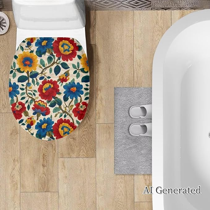Wildflower Oblong Elongated Toilet Cover, Soft Machine Floral Oval Lid Cushion, Blue Coastal Bathroom Home Decor