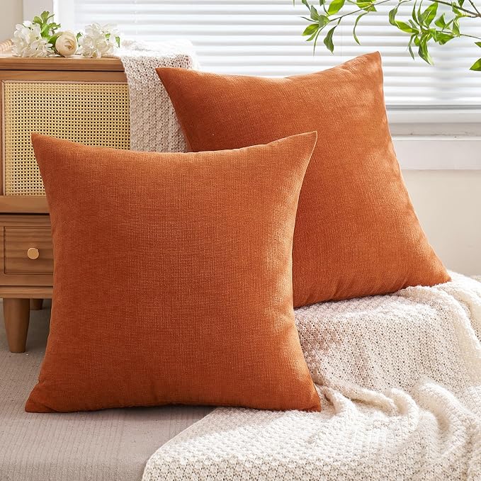 MIULEE Halloween Fall Burnt Orange Chenille Euro Pillow Covers, 22x22 | Set of 2, Soft Farmhouse Modern Home Decor, Decorative Pillowcases for Sofa Living Room Bed