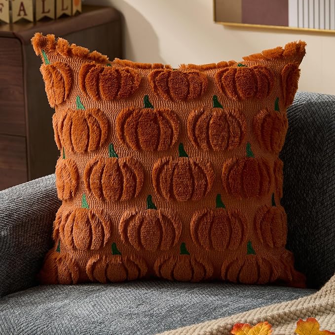 DFXSZ Fall Pillow Covers 20x20 2Pcs Rust Green Pumpkin Fall Decorations | Fall decor Set of 2 Throw Pillow Cases Soft Plush Faux Fur Wool Couch Cushion for Chair Sofa Bedroom Living Room Home Decor