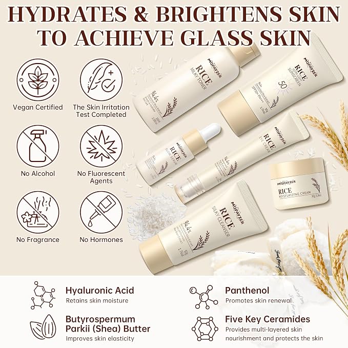 7PCS Rice Skincare Set Gift Box, Korean Skin Care Set for Women Teens Girls, Rice Cleanser Toner Serum Face Cream Eye Cream Sunscreen with Towel Bear Ornament, Hydrating Daily Face Care Kit