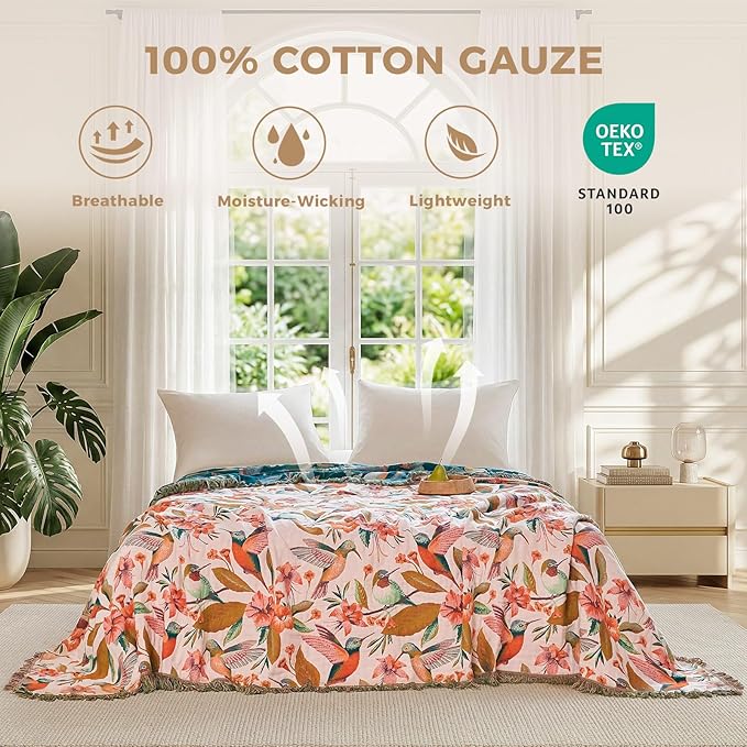 LUTBM Boho Throw Blanket for Bed 60"x80", 100% Cotton Soft Couch Blankets | Reversible Floral Bird Jacquard, All-Season Lightweight Breathable Twin Quilt, For Chair Sofa Bedroom Living Room, Home Decor