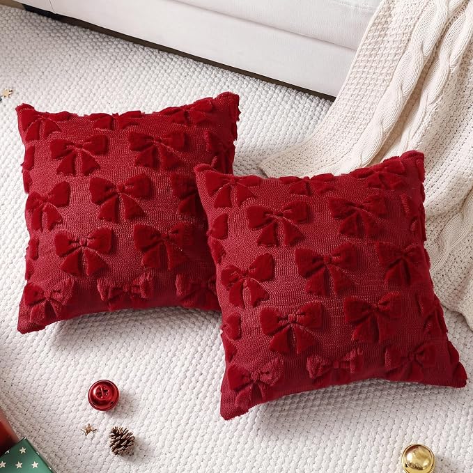 Mixweer Burgundy Bow Pillow Covers Set of 2 Preppy Room Decor Coquette Cute Spring Summer Decorative Faux Fur Soft Bowknot Stuff Fluffy Plush Aesthetic Pillowcase for Bed Sofa Couch (20 x 20 Inch)