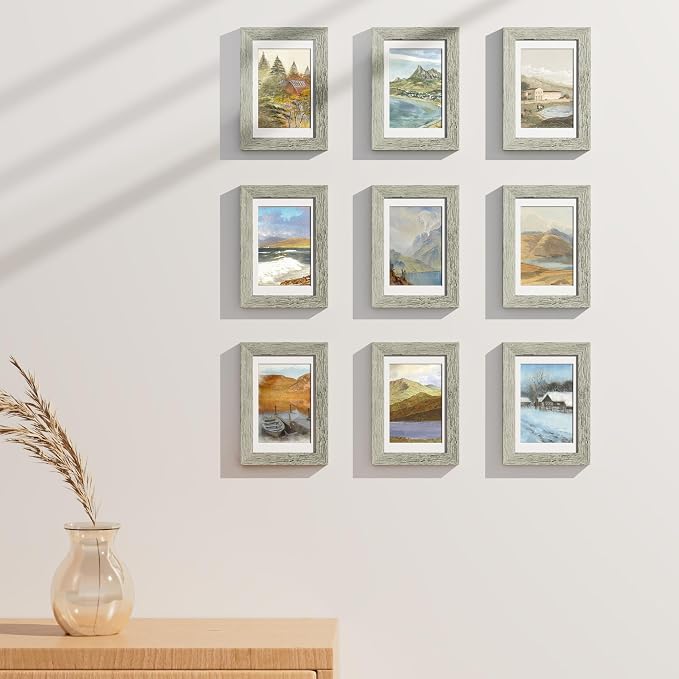 Vittanly 4x6 Picture Frames Set of 9 for Wall or Tabletop Display, Grey | Display Pictures 3.5x5 with Mat or 4x6 without Mat, Small Photo Frames, Engineered Wood with Shatter Resistant Plexiglass