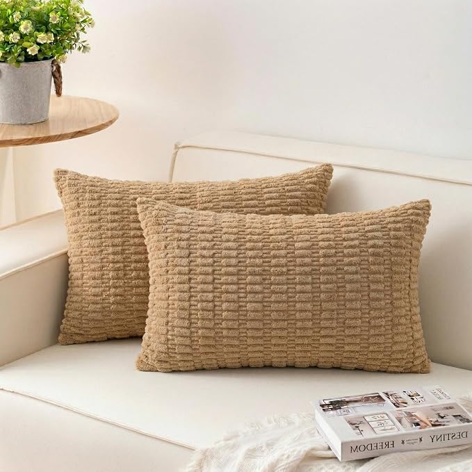 Aegero Pack of 2 Corduroy Decorative Throw Pillow Covers 12x24 Inch, Coffee | Fall Soft Striped Pillow Covers Modern Farmhouse Home Decor Christmas Throw Pillow Covers for Sofa Living Room Couch Bed