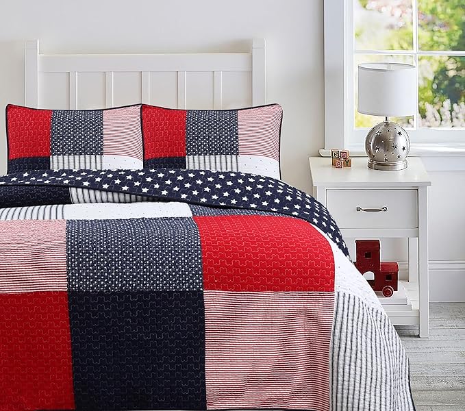 Cozy Line Home Fashions 100% Cotton Sailor Navy Blue Star Striped Print Cotton Reversible Bedding Quilt Set (Patriotic Patchwork, Twin)