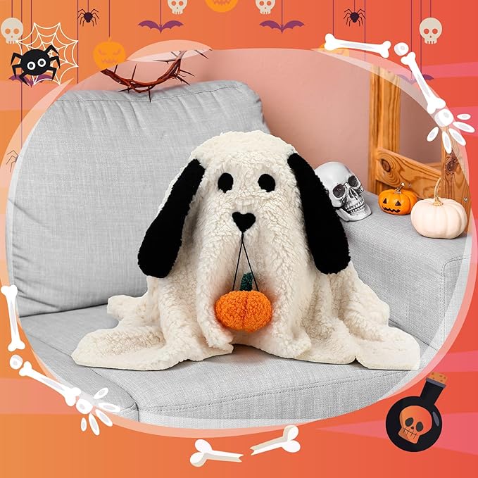 11.8 Inch Halloween Dog Ghost Shaped Throw Pillow with Pumpkin Toy Ghost Plush Pillow Cute Spooky Stuffed Animal Soft Halloween Party Decoration for Couch Sofa Home Decor