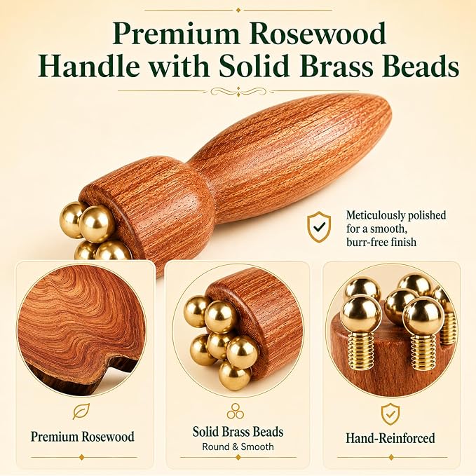 2Pcs Facial Massage Tool for Eye Massage Reduce Puffiness and Dark Circles Facial Meridian Brush Rosewood Handle Copper Massage Beads Chinese SPA Gua Sha Tool (Rosewood)