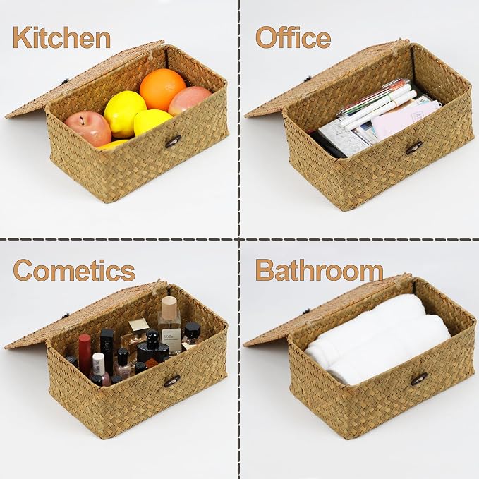 Seagrass Wicker Storage Basket with Lid, Medium, Natural | Shelf Baskets for Organizing, Rectangular Woven Bin Box, Multipurpose Home Storage, Natural Decor, 10.23 x 6.3 x 4.13