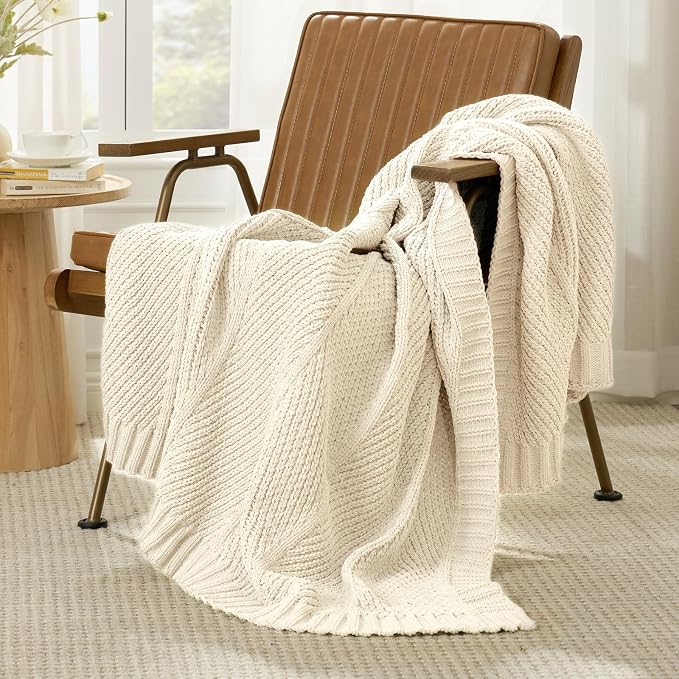 Knit Throw Blanket, Soft Chenille Cozy Breathable Chevron Chunky Decorative Blanket for Couch, Bed & Sofa, French-Inspired Lightweight Warm Gift for Women, Ivory, 60"x80"