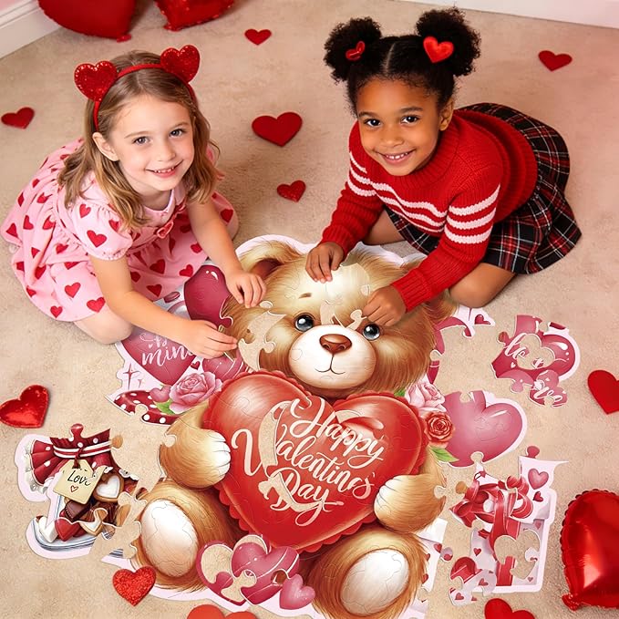 Valentines Day Puzzles with 49 Large Pieces - Happy Valentine's Day Shaped Floor Puzzle for Party Decorations, Gifts, and Classroom Activities