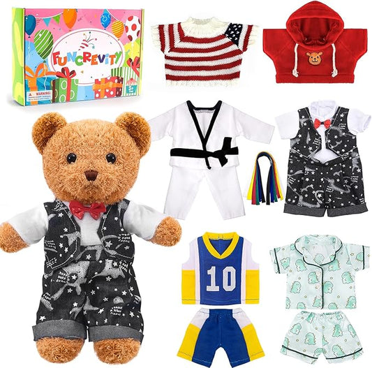 Build A Bear Clothes Bears Stuffed Animal with 5 Pcs Bear Clothes Tee Hoodie Cute Tiny DIY Toy Make Your Own Bear Plush Doll