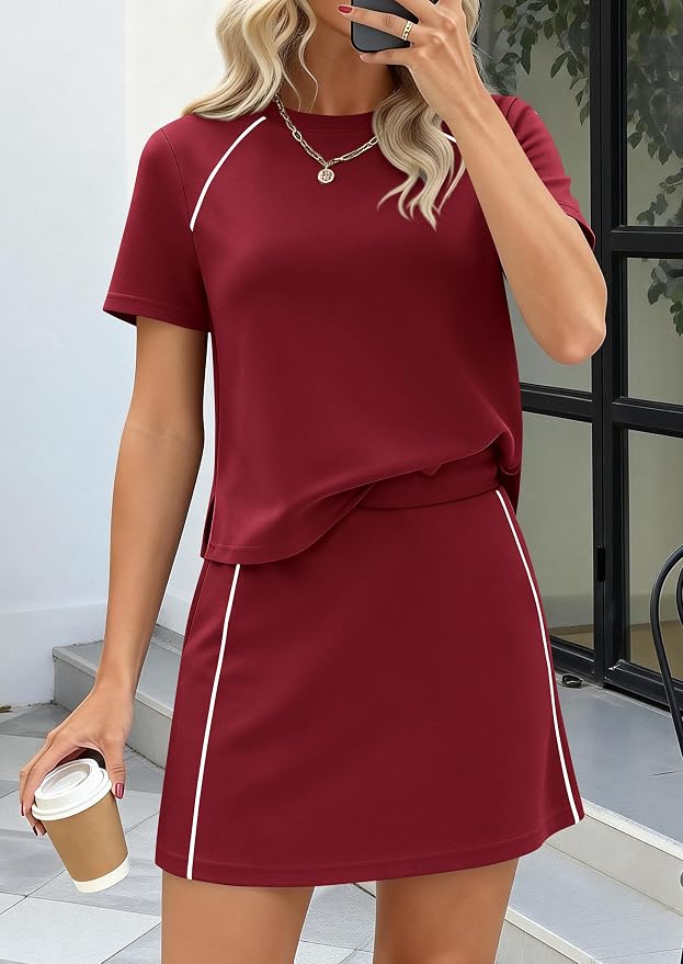 PRETTYGARDEN Women's 2 Piece Skirt Sets Matching Clothing | Short Sleeve Shirts,Color Block Tops,Mini Skirts with Shorts Pockets,Skort Set,Workout Active Wear,Tennis Golf,Summer Outfits