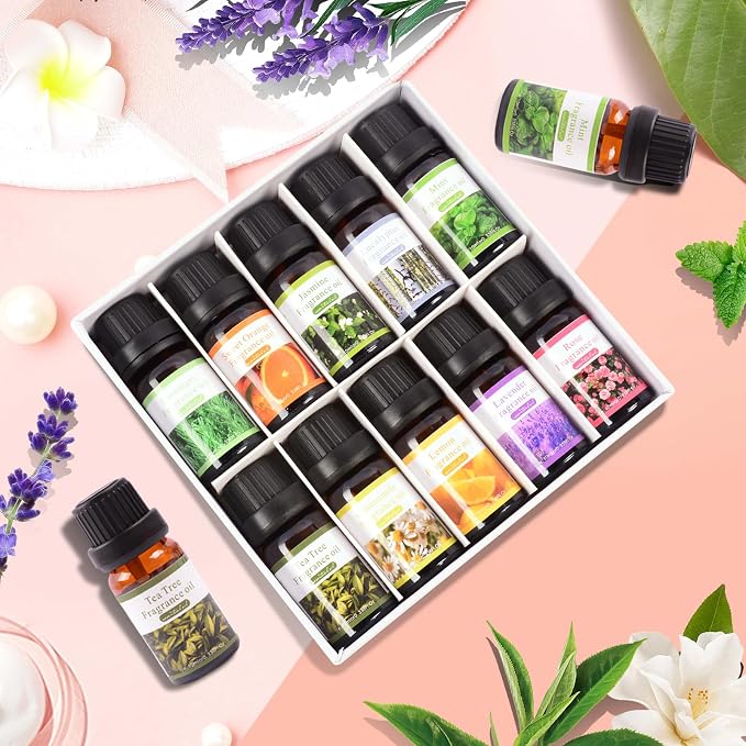 Essential Oils Set, 10x10mL Blends & Singles - Peppermint, Lavender, Tea Tree,for Aromatherapy, Diffusers, Home Care, Candle Making Scents, Skin & Humidifiers. Perfect Essential Oil Gift Set