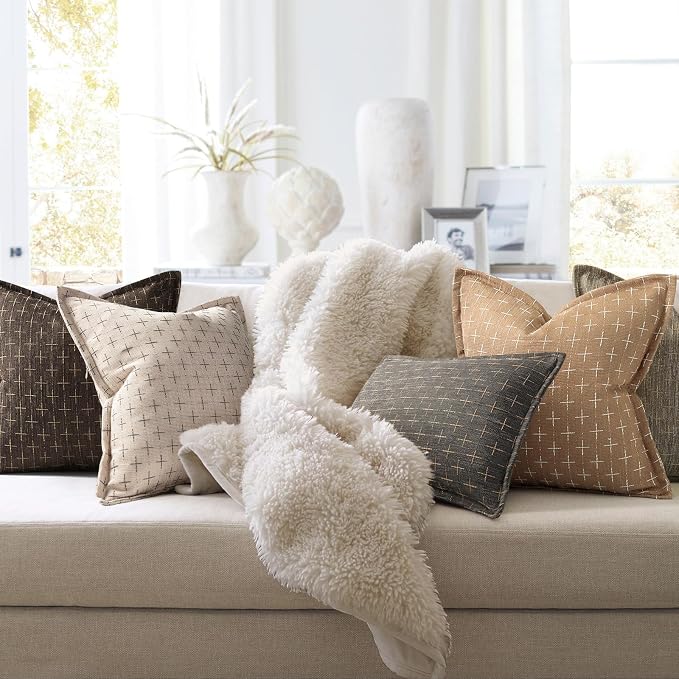 Throw Pillow Pillow Covers 20x20 Set of 2 Soft Polyester Textured Pillow Covers with Stylish Flange Edge Cozy Farmhouse Throw Pillows for Couch Bed Sofa Living Room