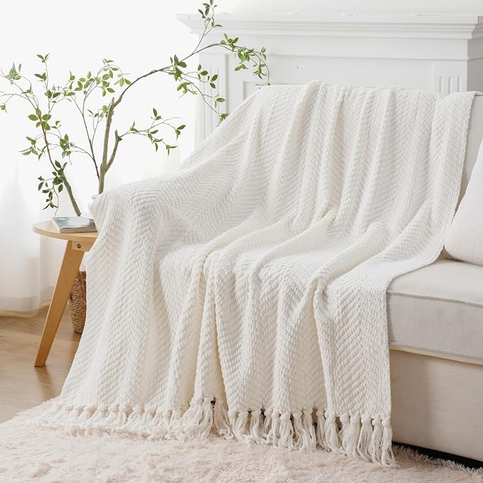 BATTILO HOME Cream Throw Blanket for Couch, Knit Throw Blanket, 50"x60" | Ivory Throw Blanket for Bed, Warm Decorative White Blanket Throw for Home Decor
