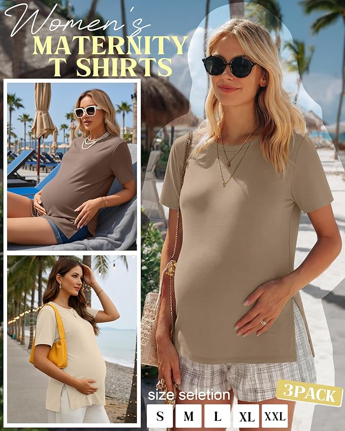 Ficerd 3 Pack Women's Maternity T Shirts, Short Sleeve Side Split Pregnancy Tops Casual Crew Neck Pregnant Tees Mama Clothes