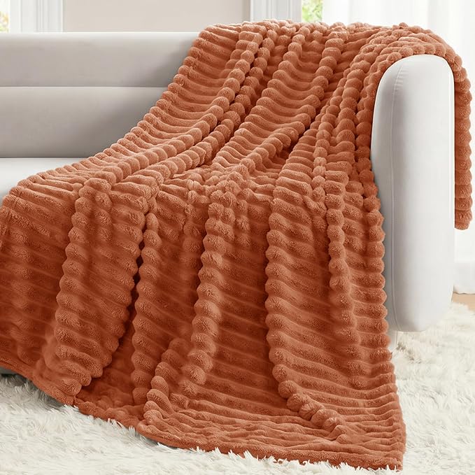 Burnt Orange Twin Blanket for Bed & Couch, 60 x 80 Inch | 300GSM Ribbed Fleece Blanket, Soft, Cozy & Lightweight, OEKO-TEX Certified, All-Season Use for Travel, Dorm & Home Decor