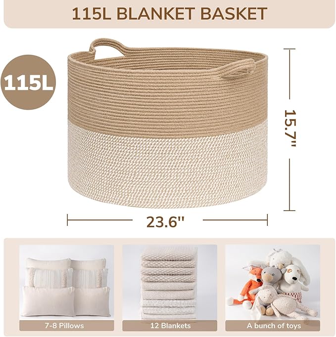 INDRESSME 115L Extra Large Woven Wicker Blanket Basket Living Room | Wicker baskets for organizing laundry, towel toys pillows. For living room bedroom or nursery decor. soft-touch with handles