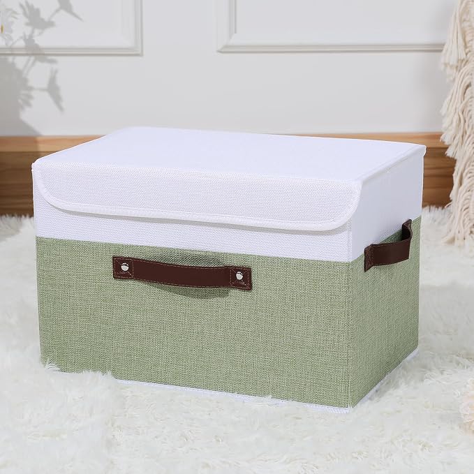 ANMINY Fabric Storage Box Bins with Lids, Green White, 15"x10"x10" | Keepsake Memory Storage, Cotton Linen, PP Board Reinforced, Washable, PU Handles, Foldable & Stackable, Decorative, Large