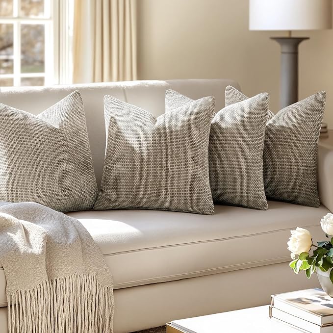 MIULEE Soft Decorative Chenille Pillow Covers Khaki 18x18 Pack of 4 | Modern Home Decor, All Same Khaki Color Set, Couch Throw Pillows, Farmhouse Boho Cushion Covers for Sofa Bed Living Room