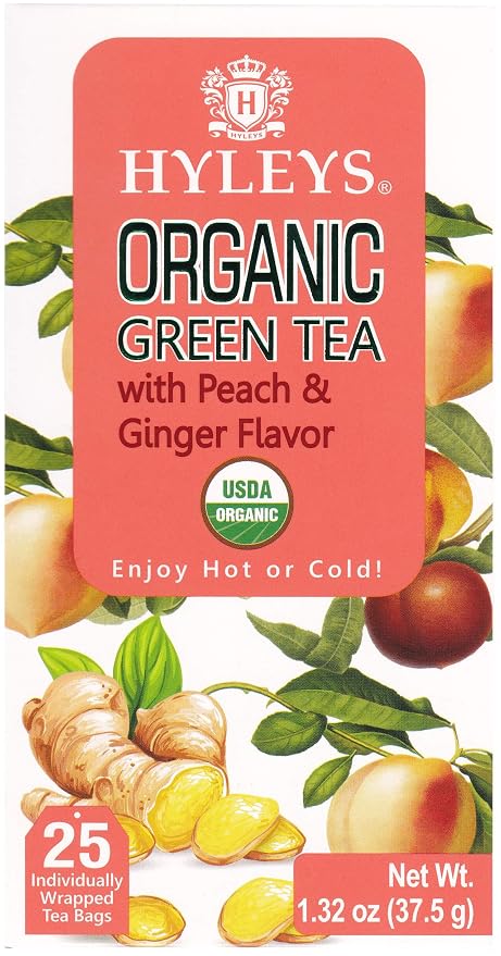 Hyleys Organic Green Tea Peach and Ginger Flavor - 25 Tea Bags (Pack of 2)
