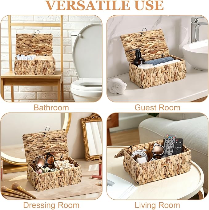 Sumnacon Woven Tampon Holder for Bathroom, Wicker Water Hyacinth Feminine Product Organizer with Lid, Farmhouse Rustic Tampon and Pad Organizer, Woven Storage Baskets Bin for Counter Toilet Tank
