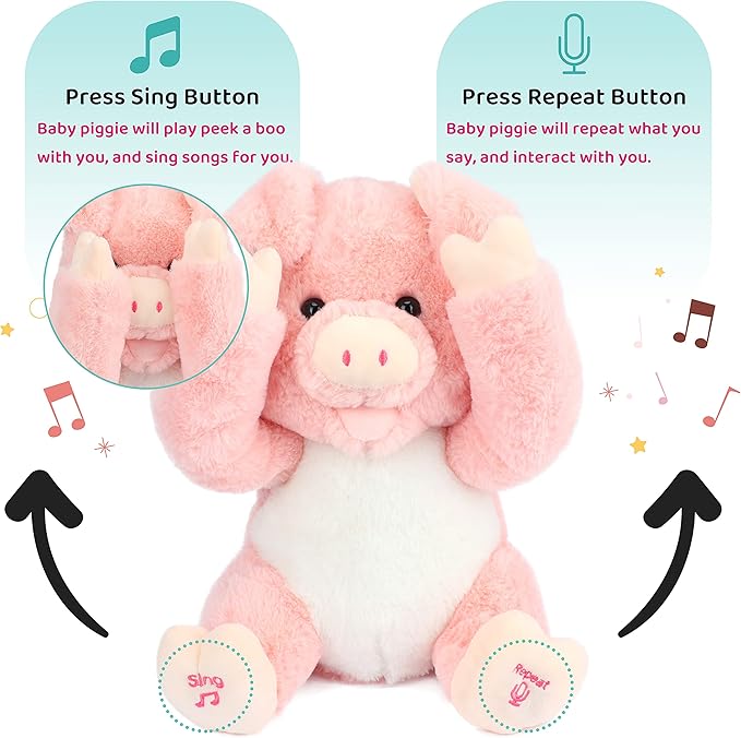 Cuteoy Peek A Boo Pig Plush Toy Interactive Electric Stuffed Animal Repeats What You Say Singing Talking Musical Plushies Gifts for Christmas Birthday 11''