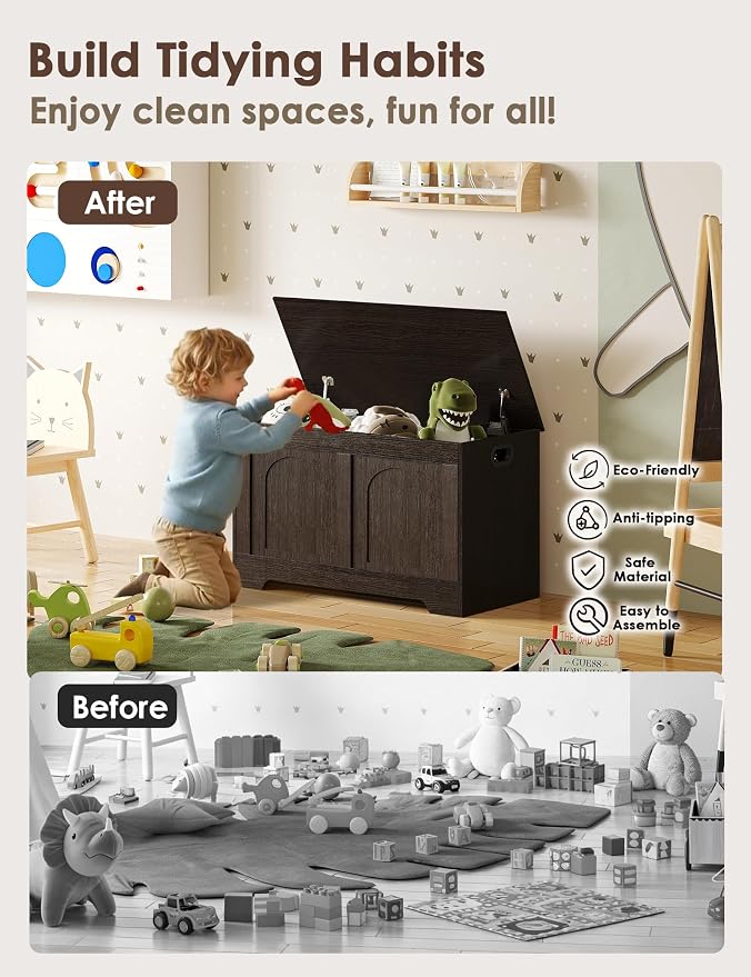 Storage Chest, Wooden Toy Box, Espresso 31.5" L | Entryway Shoe Bench, 2 Soft-close Hinges, Finger-safe Flip-Top Lid, Easy Assembly, Farmhouse Large Trunk, Living Room/Bedroom