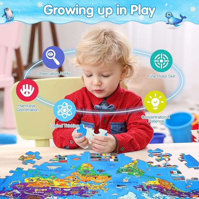 Glow in The Dark World Map Puzzles for Kids 4-6, 70 Pieces Large Globe Floor Puzzles for Kids Ages 6-8 Continents Geography Puzzle Educational Learning Toys for Children