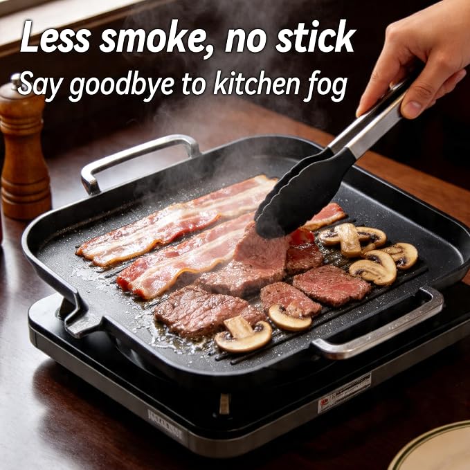 Nonstick Korean BBQ Grill Pan, Square | Marble nonstick square griddle for 3-5, fits gas,induction,stovetop, oil drain, gloves, easy clean BBQ, indoor