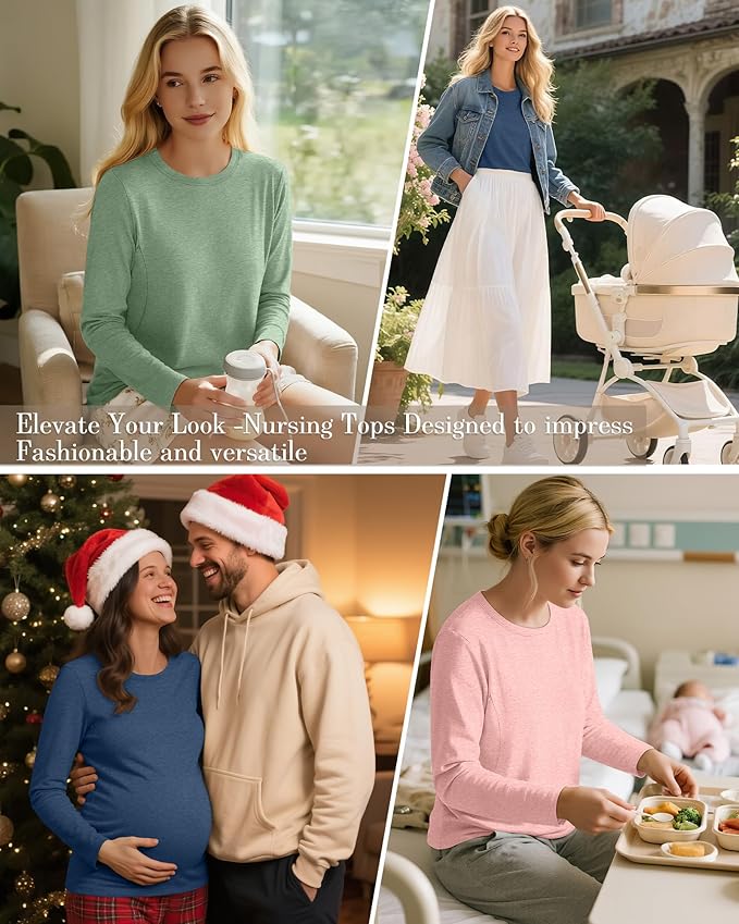 3 Pack Nursing Tops for Breastfeeding Maternity Shirts Zipper Long Sleeve Round Neck Knit Casual Nursing Clothes