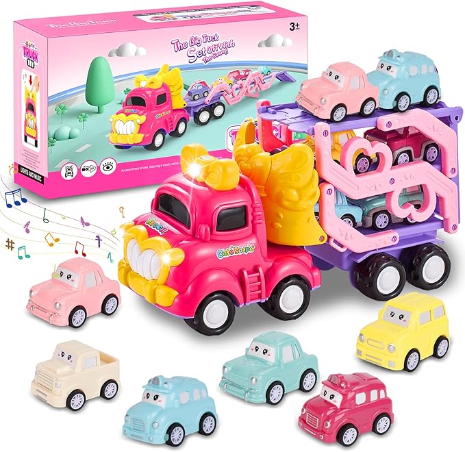 Toy Truck for 1, 2, 3, 4, 5, 6+ Year Old Girls, 7-in-1 Foldable Truck with Light & Music Educational Toy for Toddlers Great Gift for Girls