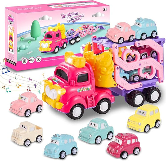 Toy Truck for 1, 2, 3, 4, 5, 6+ Year Old Girls, 7-in-1 Foldable Truck with Light & Music Educational Toy for Toddlers Great Gift for Girls