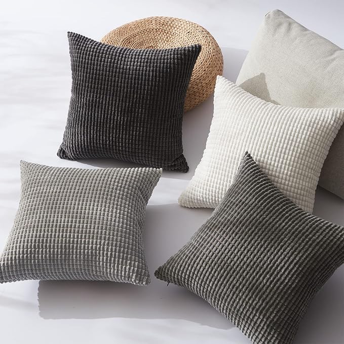 Topfinel 4 Packs Grey Decorative Throw Pillow Covers 24x24 Inch for Living Room Couch Bed Sofa, Boho Western Farmhouse Home Decor, Square Soft Moss Corduroy Fall Cushion Case 60x60 cm