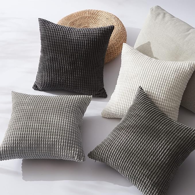 Topfinel Grey Couch Pillow Covers for Living Room 45x45 cm Set of 4,Mid Century Modern White Neutral Corduroy Corn Throw Pillows,Rustic Square Bench Chair Cushion(18 Inch/Grey)
