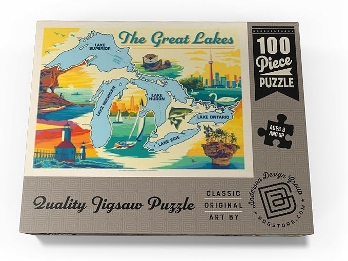 MyPuzzle The Great Lakes Illustrated Map and Landmarks - Premium 100 Piece Jigsaw Puzzle for Adults